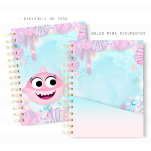 Arte digital de divisória e bolso com tubarão rosa e tema marinho infantil.