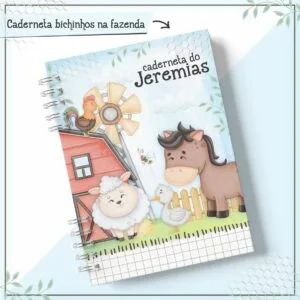 Caderneta espiral com desenhos ilustrados de animais da fazenda em um fundo claro