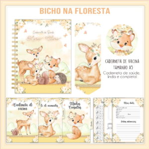 Kit Digital Caderneta de Vacina Tema Bichos da Floresta 20 Arte digital de cadernetas de saúde e vacina com tema de floresta e animais.