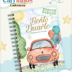 Capa de caderneta infantil com ilustração em aquarela de um carrinho vermelho.