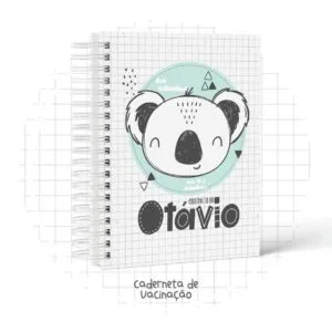 Caderneta espiralada com ilustração de coala e texto personalizado na capa.