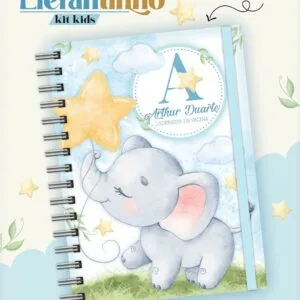 Capa de caderno personalizada com ilustração em aquarela de elefante cinza e estrelas.