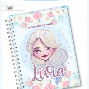 Capa de caderneta encadernada com ilustração de personagem feminina e flores delicadas