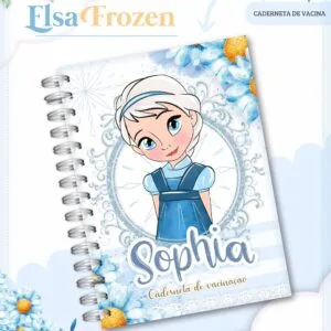 Caderneta de vacinação personalizada com desenho de menina loira e flores azuis.