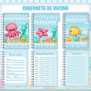 Cadernos com temas marinhos, incluindo polvo, estrela-do-mar e peixe em fundo azul.