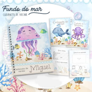 Arte digital de caderneta de vacina e controle de mamadas com tema fundo do mar.