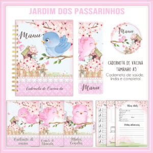 Arte digital de caderneta de saúde infantil com tema de passarinhos e flores.