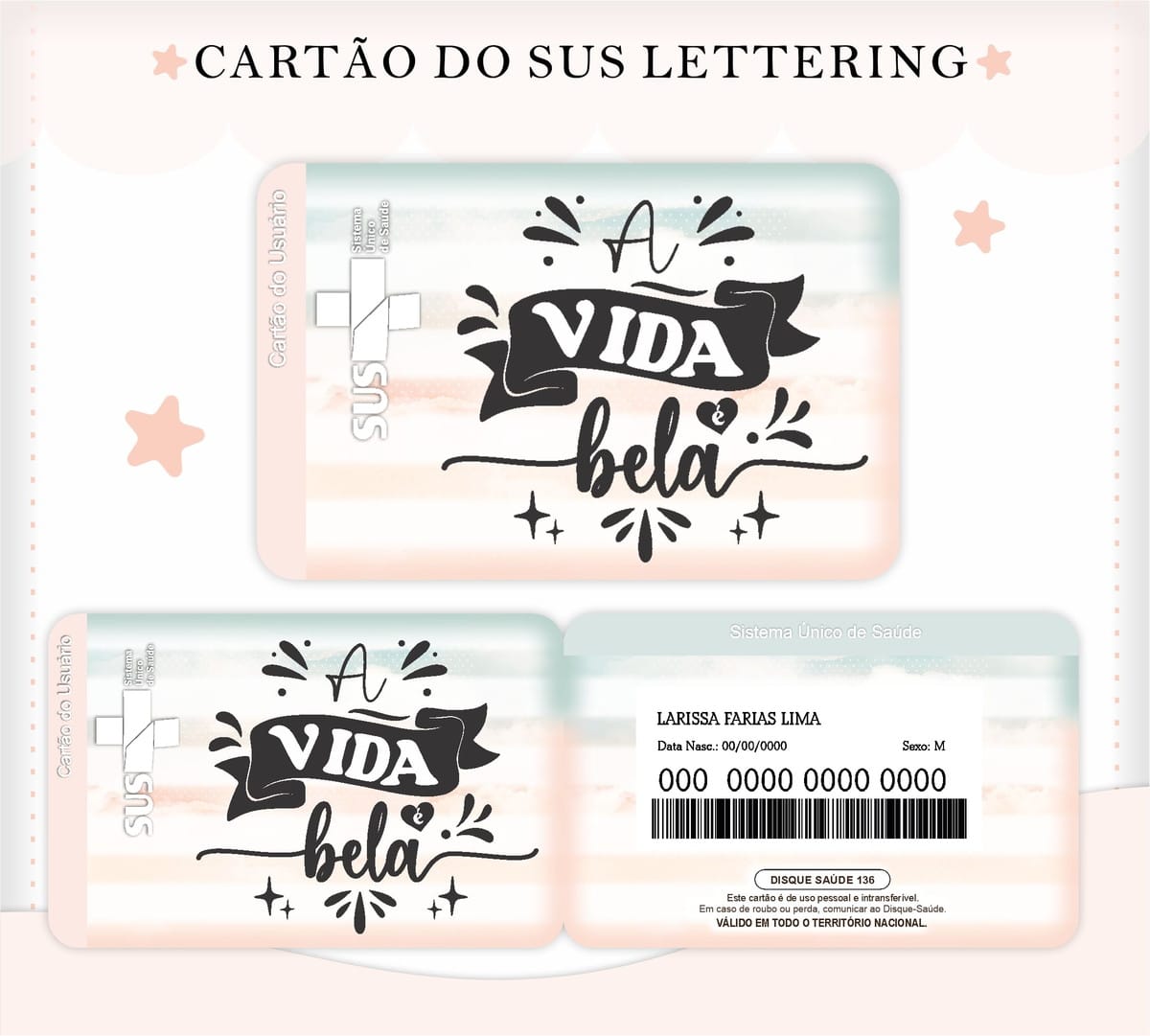 Caderneta de Vacina para Imprimir com Lettering 3 Arte digital de cartões do SUS com lettering 'A VIDA é bela' e fundo pastel.