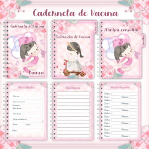 Arte digital de caderneta de vacinação infantil rosa com ilustrações de menina e flores.