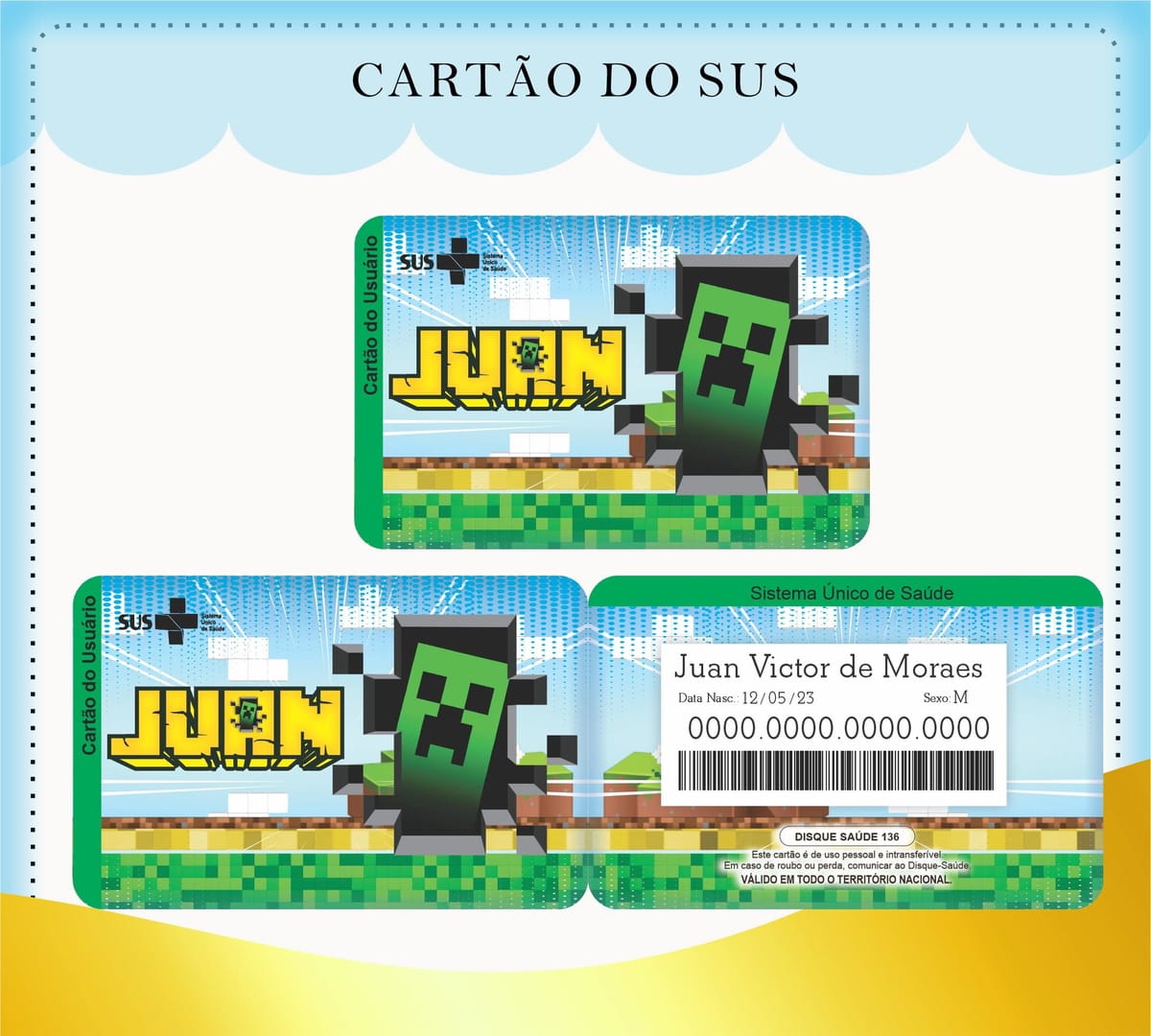 Caderneta de Vacina Minecraft para Imprimir e Personalizar 3 Arte digital de um Cartão do SUS com design pixelado e personagem verde.