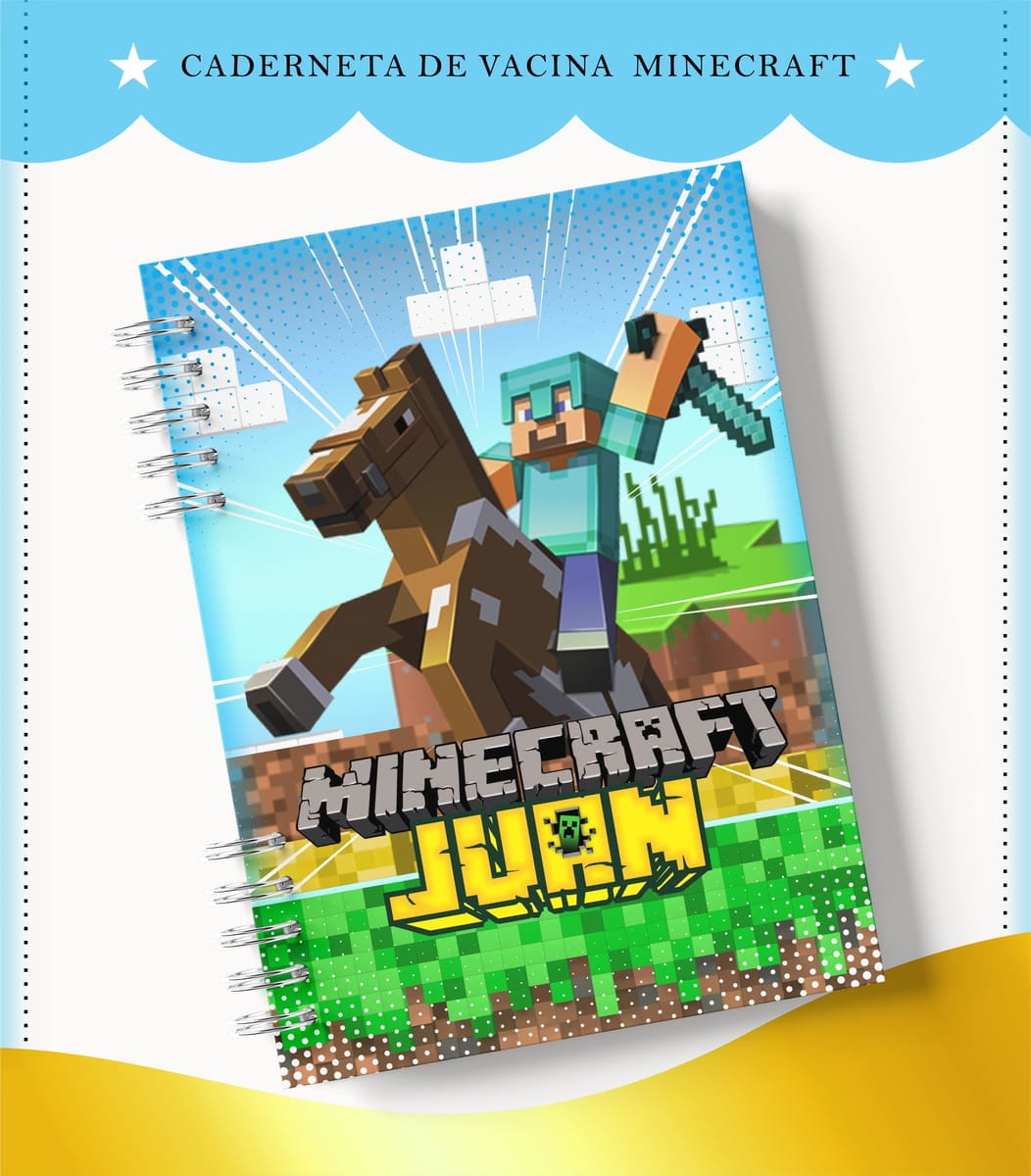 Caderneta de Vacina Minecraft para Imprimir e Personalizar 1 Caderneta de vacina digital com personagem de jogo de blocos montado a cavalo.
