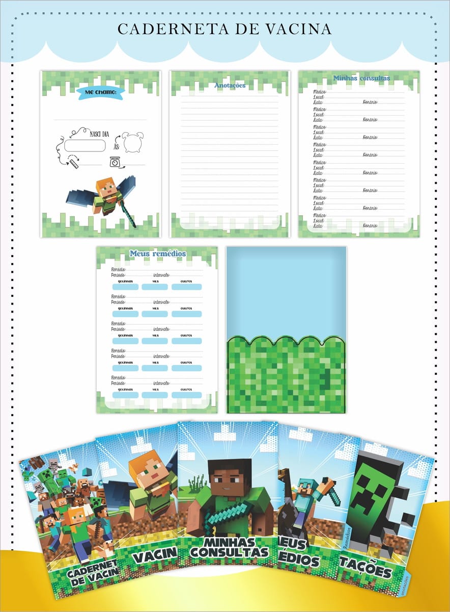 Caderneta de Vacina Minecraft para Imprimir e Personalizar 2 Arte digital de caderneta de vacinação infantil com tema de blocos e personagens coloridos.