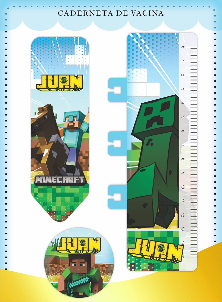 Caderneta de Vacina Minecraft para Imprimir e Personalizar 4 Arte digital com tema de jogo de blocos para caderneta de vacinação, incluindo personagens e régua.