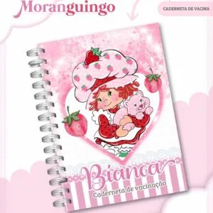 Caderneta espiral rosa ilustrada com personagem infantil e morangos