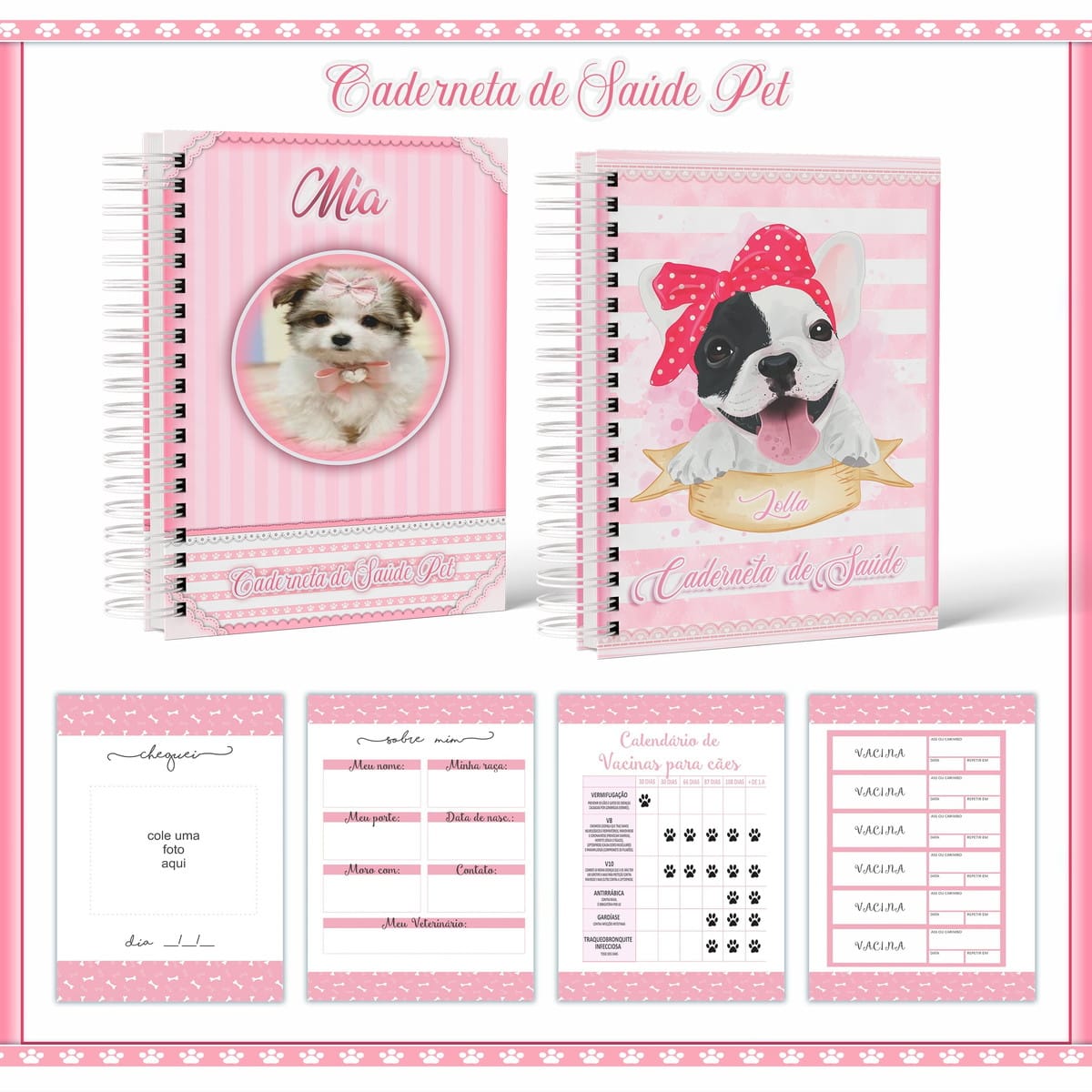 Caderneta de Vacina Pet Fêmea Digital Rosa para Imprimir 1 Duas cadernetas de saúde pet com capas cor-de-rosa e páginas internas de organização.