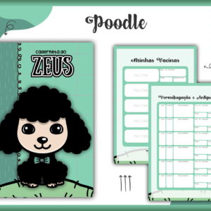 Arte digital de caderneta pet com poodle preto e páginas de vacinas.