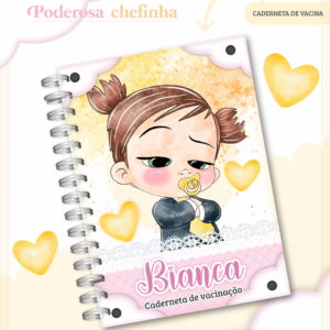 Arte digital de caderneta de vacinação com bebê chefinha e corações amarelos.