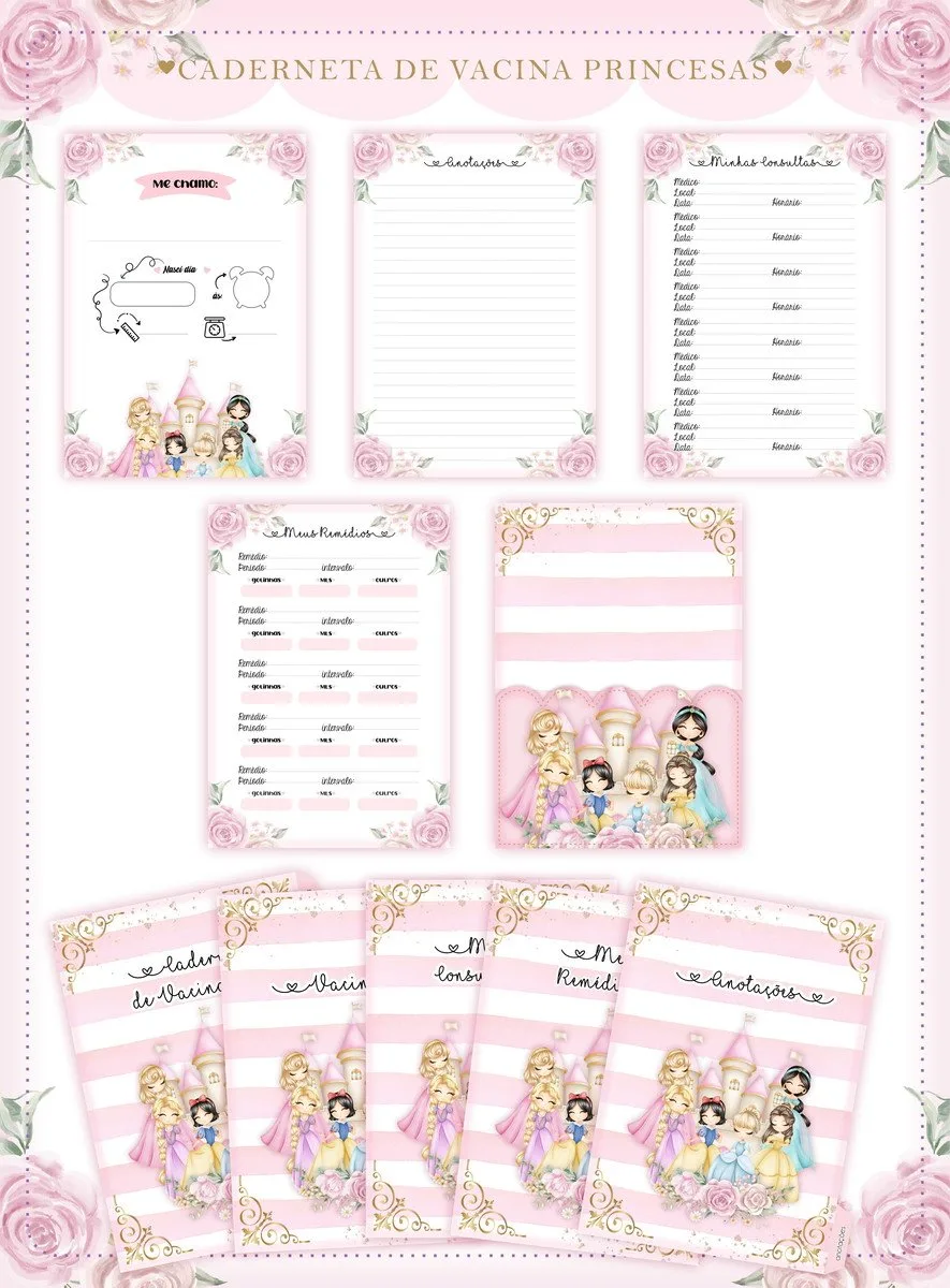 Paginas decoradas com tema de princesas, rosas e fundo em tons rosa.