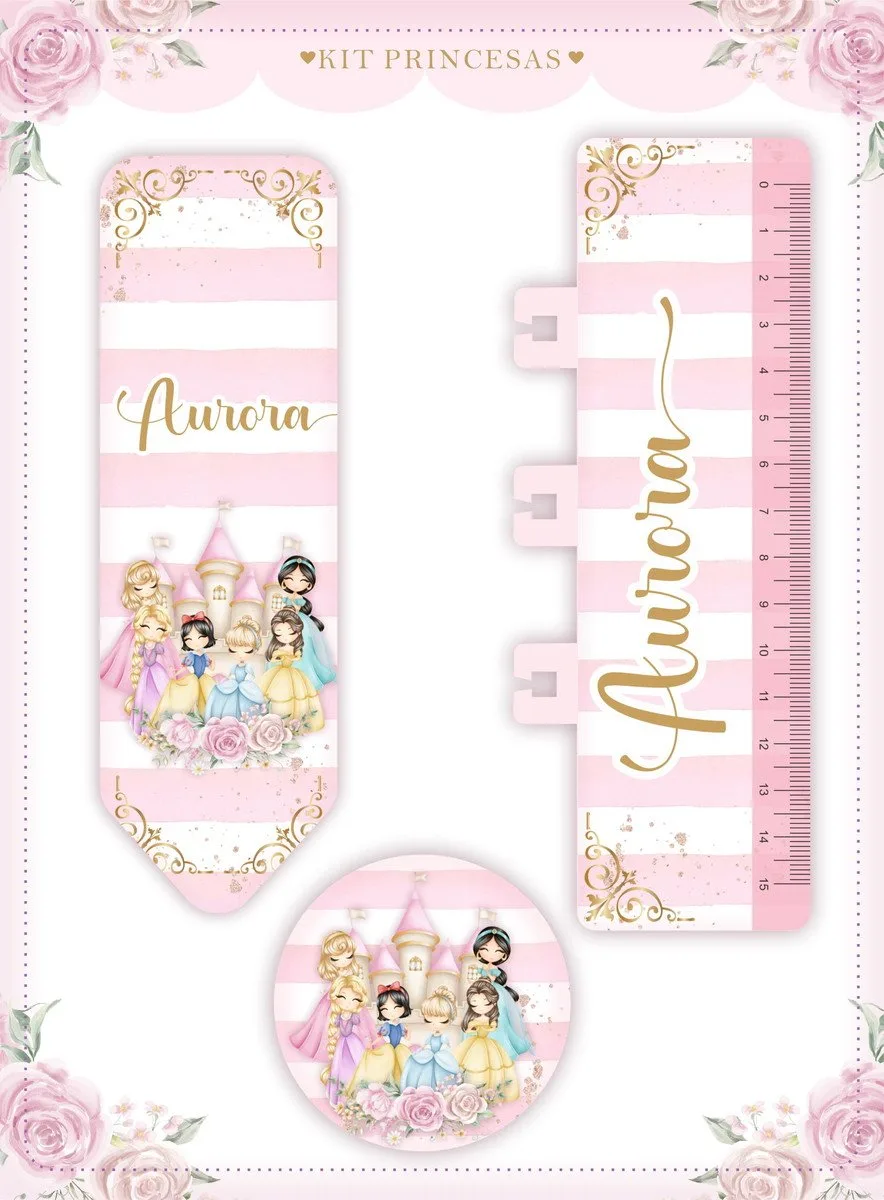 Arte digital com tema de princesas em tons de rosa e branco com castelo.