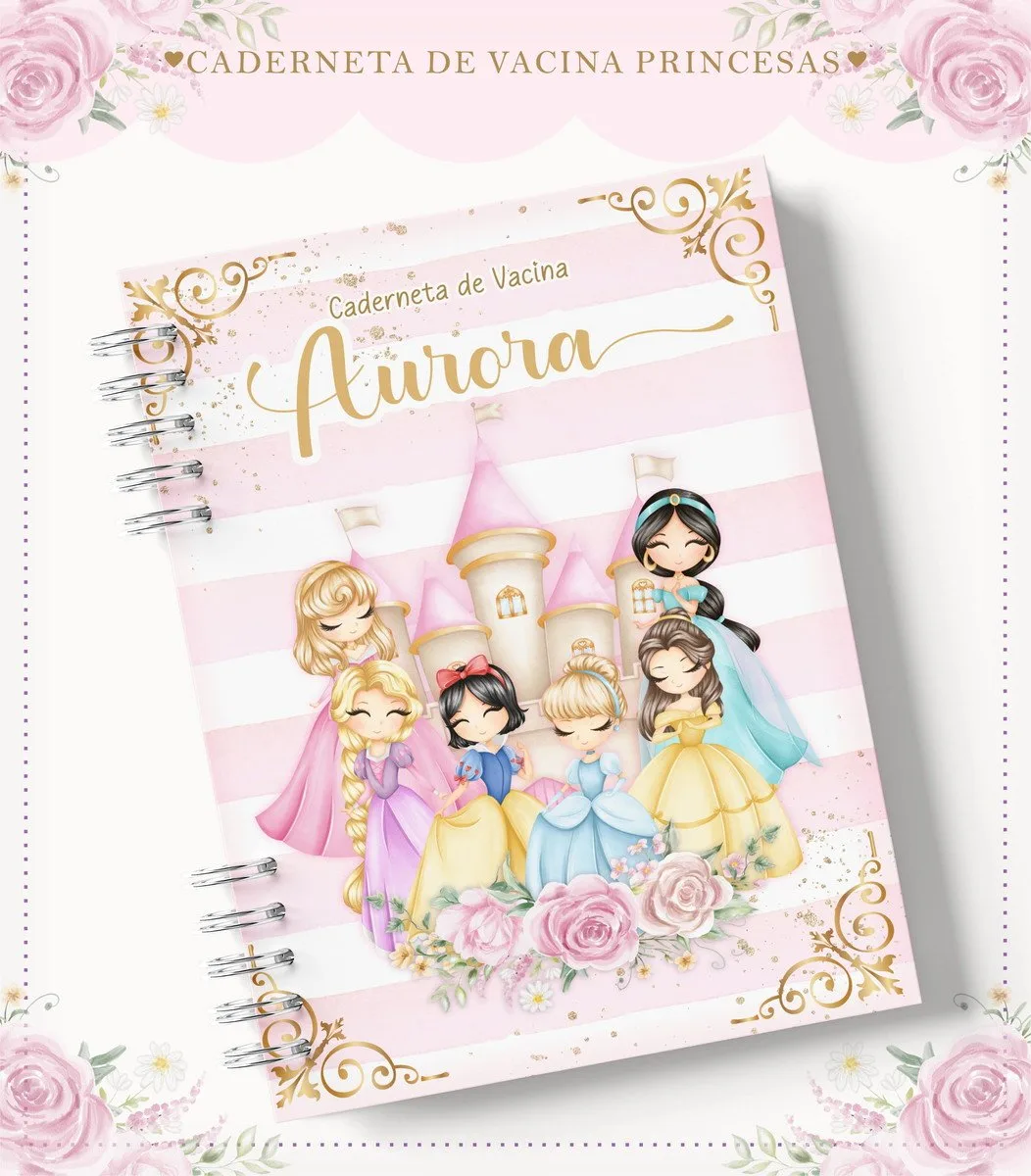Capa de caderno personalizada com ilustrações de princesas e castelo.