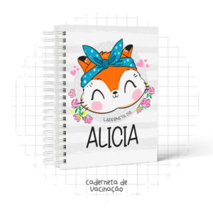 Caderneta de vacinação digital com desenho de raposa sorridente, laço azul e flores.