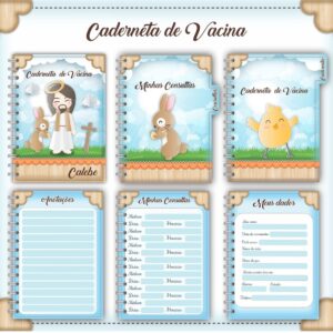 Páginas digitais de caderneta de vacina infantil com ilustrações de coelhos, pintinho e figura religiosa.