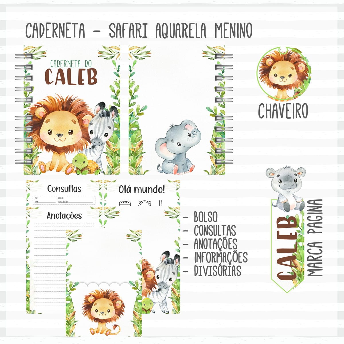 Kit Digital Caderneta de Vacina Safari Aquarela Menino 1 Caderneta De Vacina Safari Aquarela Menino Arquivo Digital