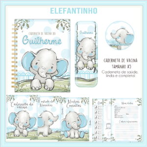 Arte digital de caderneta de vacina infantil com elefante bebê azul e verde.