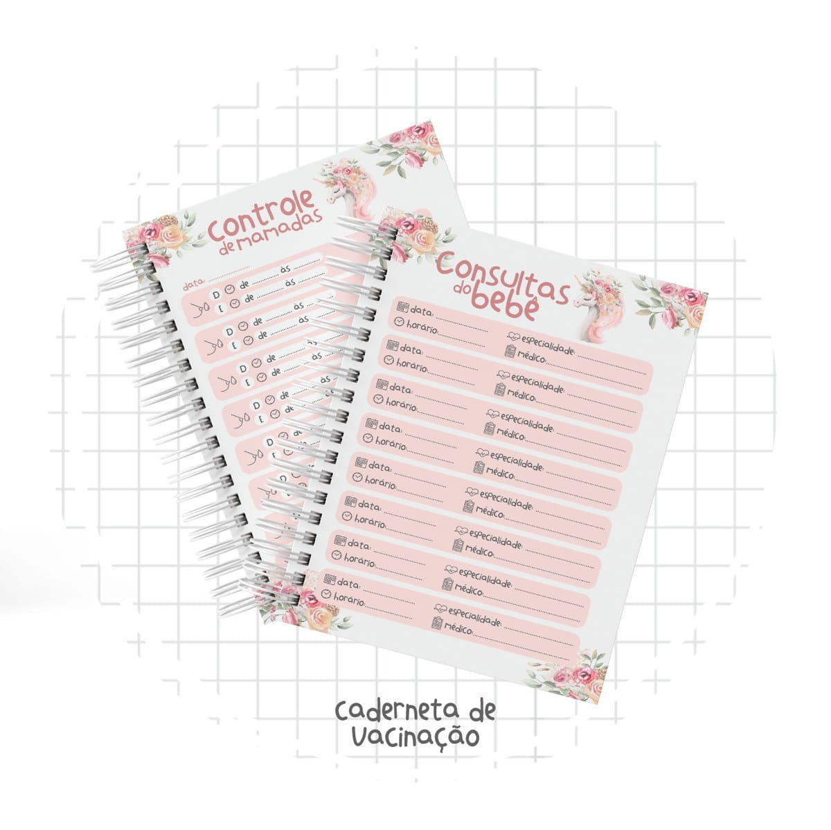 Caderneta de Vacinação Personalizada Unicórnio 3 Duas cadernetas digitais com design floral e unicórnio, para controle de mamadas e consultas do bebê.