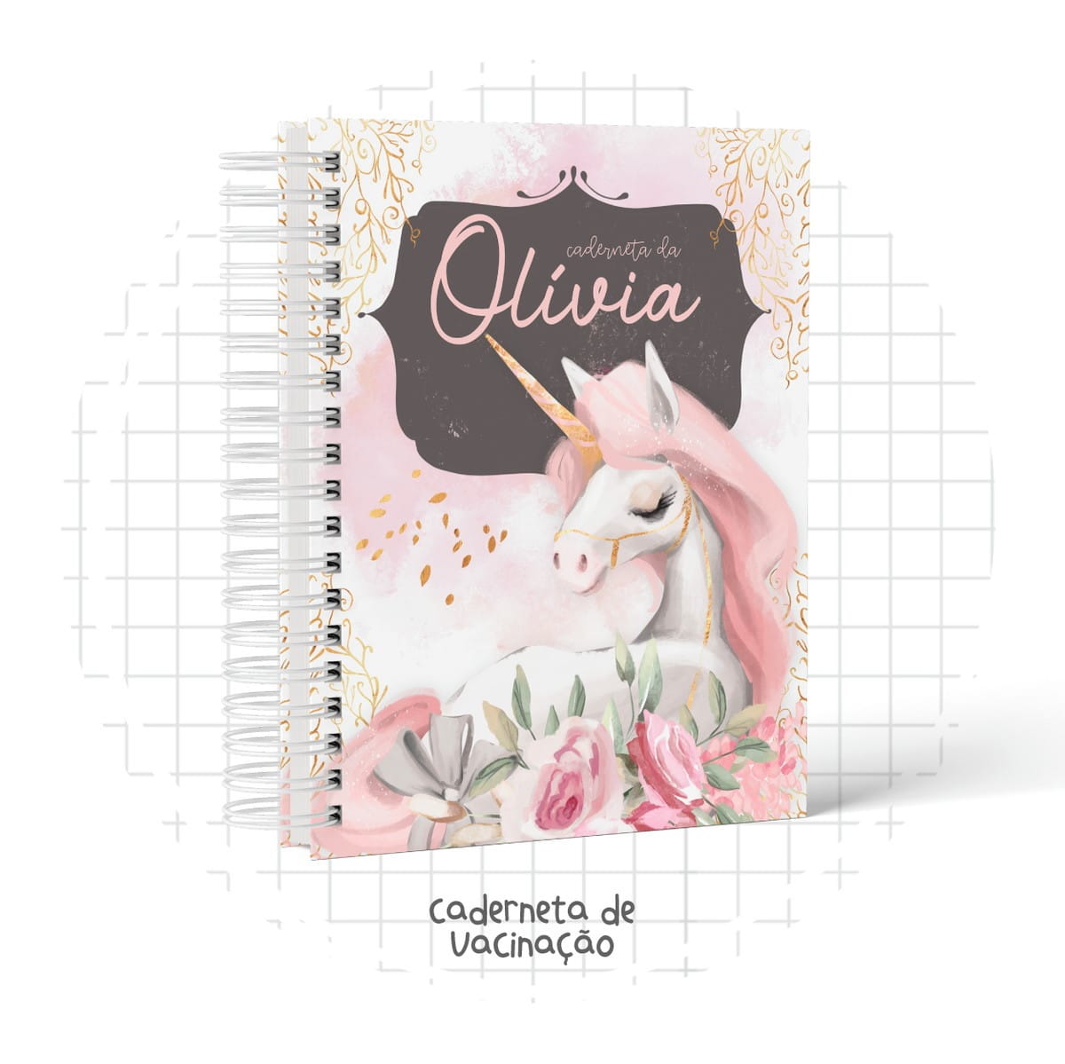 Caderneta de Vacinação Personalizada Unicórnio 1 Caderneta espiral com arte digital de unicórnio rosa e flores.