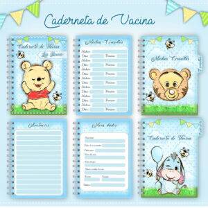 Arte digital de caderneta de vacinação infantil com personagens de desenho animado e abelhas.