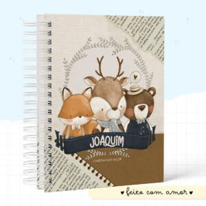 Caderneta de saúde digital com capa de animais da floresta: raposa, veado e urso.