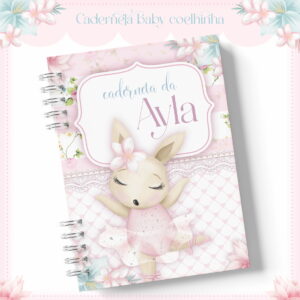 Arte digital de capa de caderneta de bebê com coelhinha bailarina e flores.