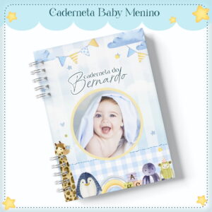 Arte digital de caderneta baby menino com bebê sorridente e animais fofos.
