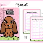 Arte digital de caderneta pet rosa com cachorro e páginas de vacinas.