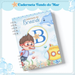Caderneta espiral com arte digital de fundo do mar, menino mergulhador, golfinho e submarino.