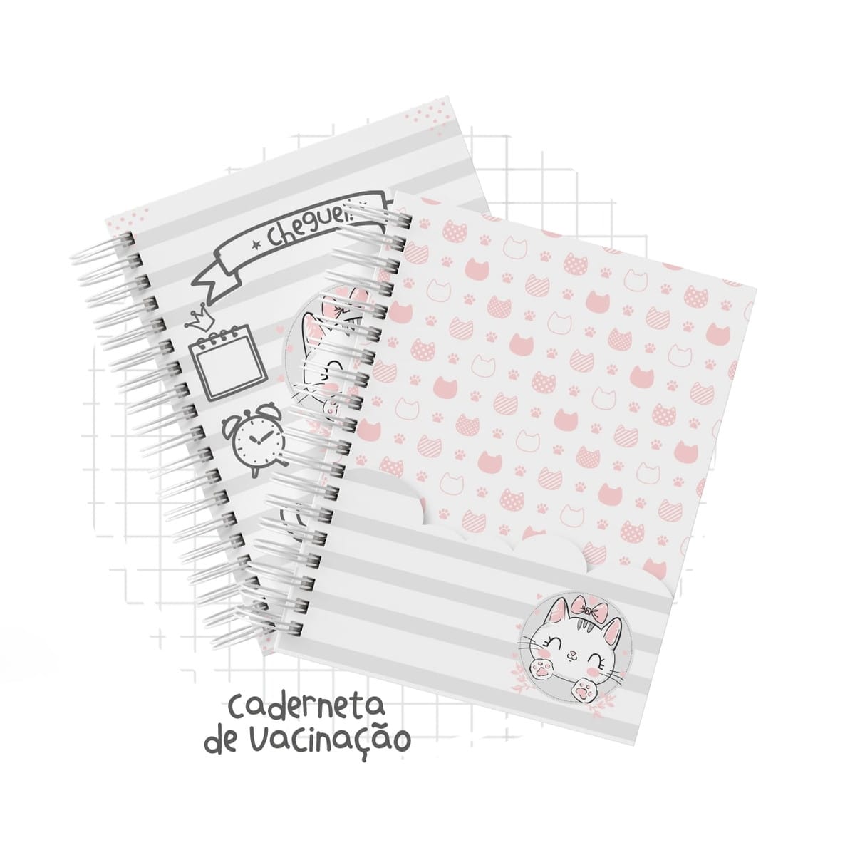 Caderneta de Vacinação Gatinha Digital para Imprimir e Personalizar 2 Design digital de caderneta de vacinação com tema de gatos e listras.