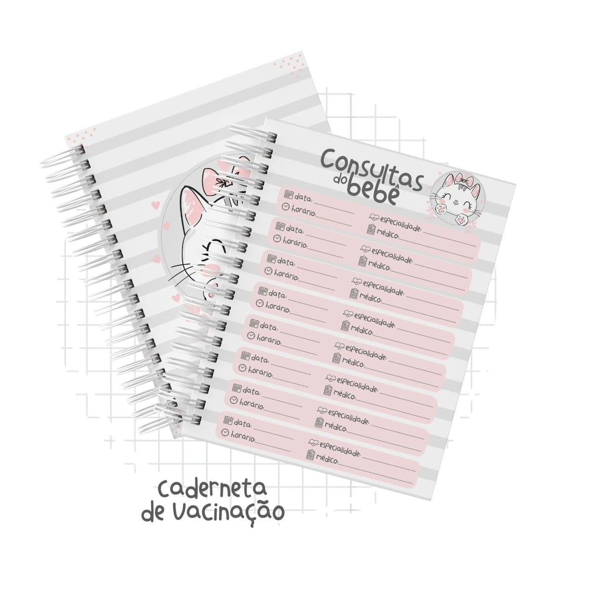Caderneta de Vacinação Gatinha Digital para Imprimir e Personalizar 3 Arte digital de caderneta de vacinação e consultas do bebê com design de gatinho.