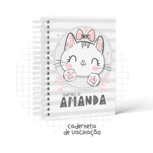 Arte digital de caderneta de vacinação com gatinho fofo, laço rosa e listras.