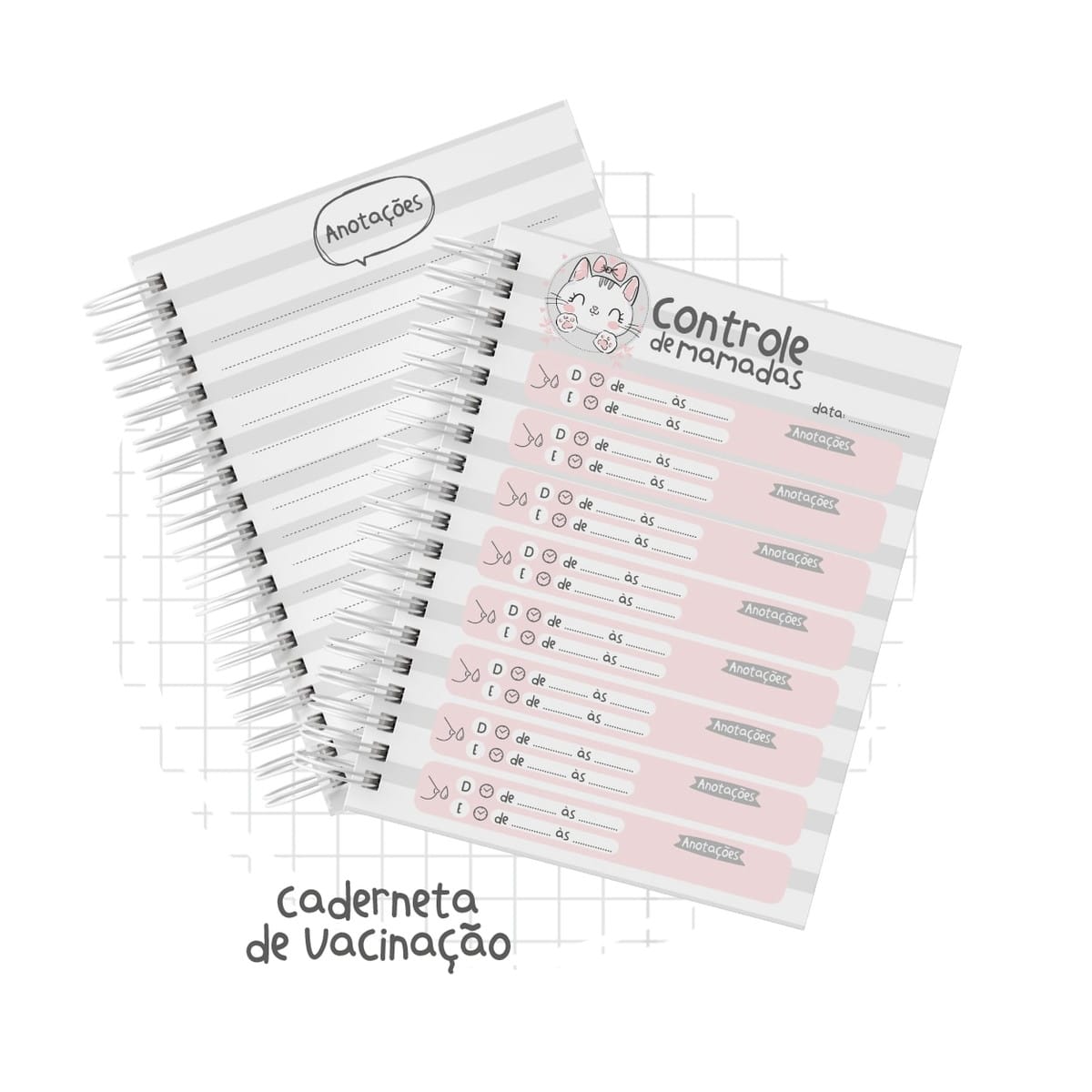 Caderneta de Vacinação Gatinha Digital para Imprimir e Personalizar 4 Duas artes digitais de cadernos, um de anotações e outro de controle de mamadas.