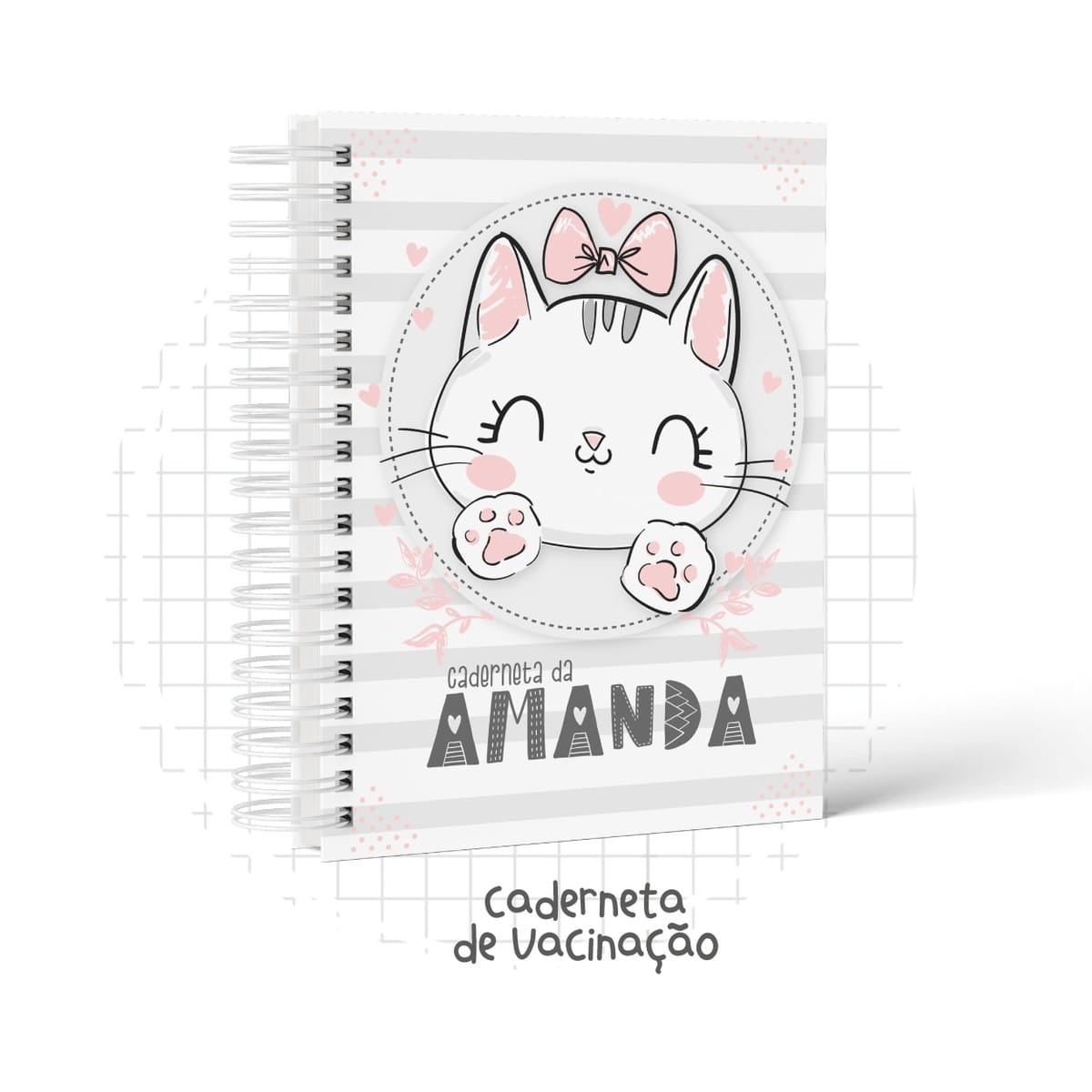 Caderneta de Vacinação Gatinha Digital para Imprimir e Personalizar 1 Arte digital de caderneta de vacinação com gatinho fofo, laço rosa e listras.