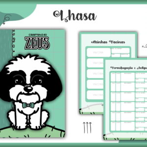 Caderneta de Vacinação Lhasa Apso Macho PDF para Imprimir 5 Arte digital de caderneta de saúde para pets, com cachorro e páginas de vacinas.