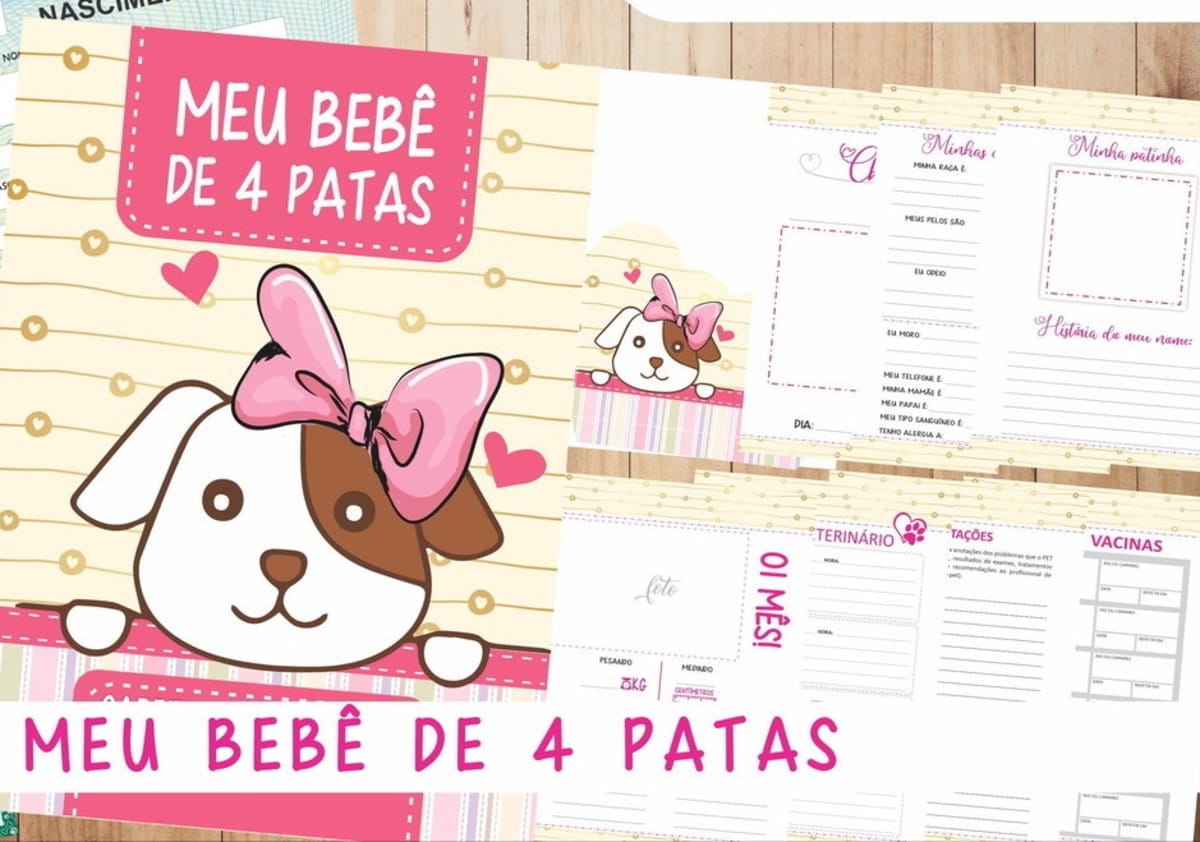Caderneta de Vacinas Pet Digital com Espaço para Fotos 2 Arte digital: Livro de registro para pets com cachorro de laço rosa.
