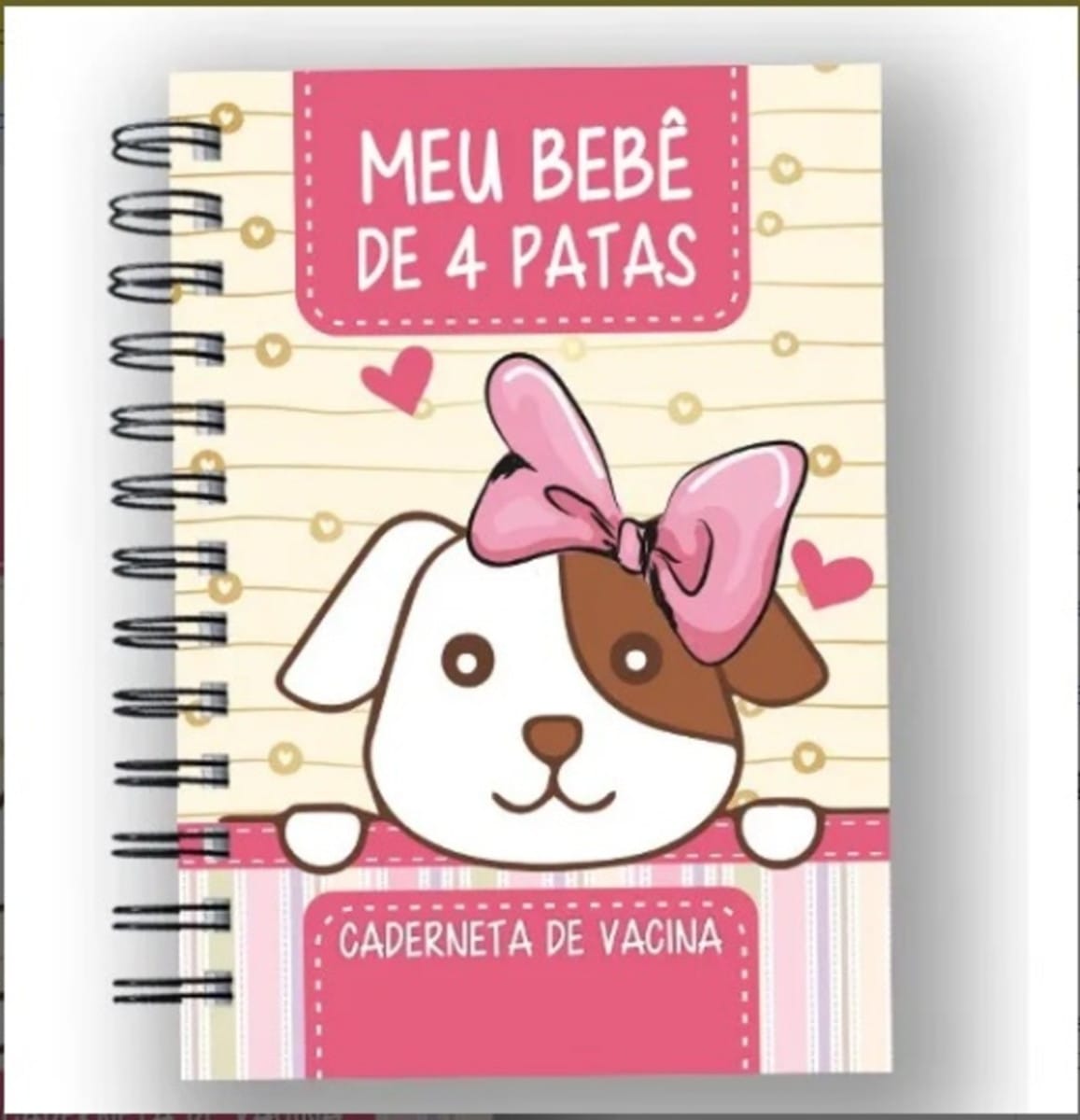 Caderneta de Vacinas Pet Digital com Espaço para Fotos 1 Arte digital de caderneta de vacina pet com cachorro cartoon e laço rosa.