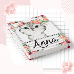 Arte digital de caderneta de saúde com capa de gato e design floral.