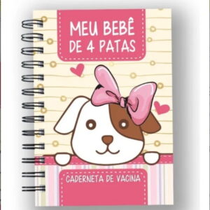 Arte digital de caderneta de vacina pet com cachorro cartoon e laço rosa.