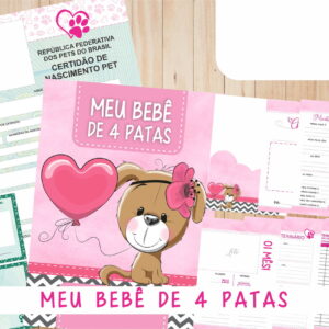 Templates digitais para registro de pets com ilustrações de cachorro e balão rosa.