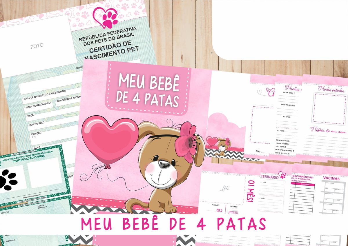 Kit Caderneta de Vacinação Personalizada para Cachorrinha 1 Templates digitais para registro de pets com ilustrações de cachorro e balão rosa.