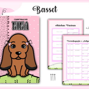 Arte digital de caderneta pet rosa com cachorro e páginas de vacinas.