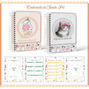 Caderneta de Vacina Pet Digital para Gata Fêmea 10 Arte digital de cadernetas de saúde pet com capas de gatos e páginas internas detalhadas.